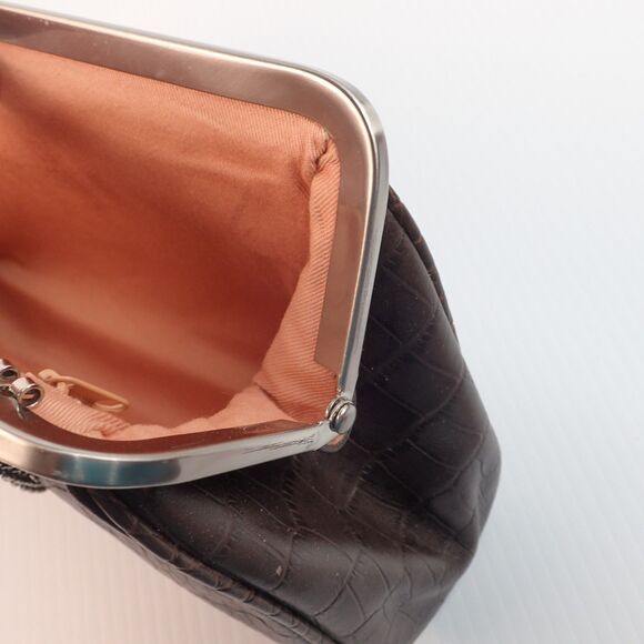 ANN TAYLOR LOFT Croc Embossed Dark Brown Leather Kiss-Lock Purse Bag Clutch - Picture 11 of 15